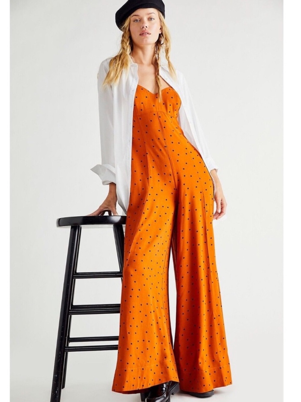 Free People Rust Orange Polka-Dot Spaghetti-Strap Wide-Leg Jumpsuit - Picture 6 of 16